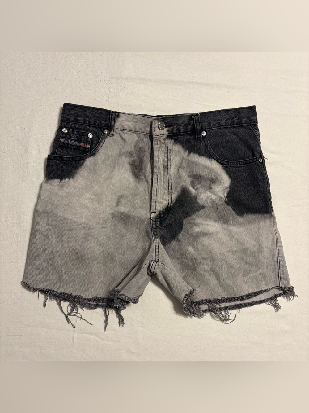 Vintage Diesel Denim Cutoff Shorts Black/White Bleached Raw Heavily Frayed Hem